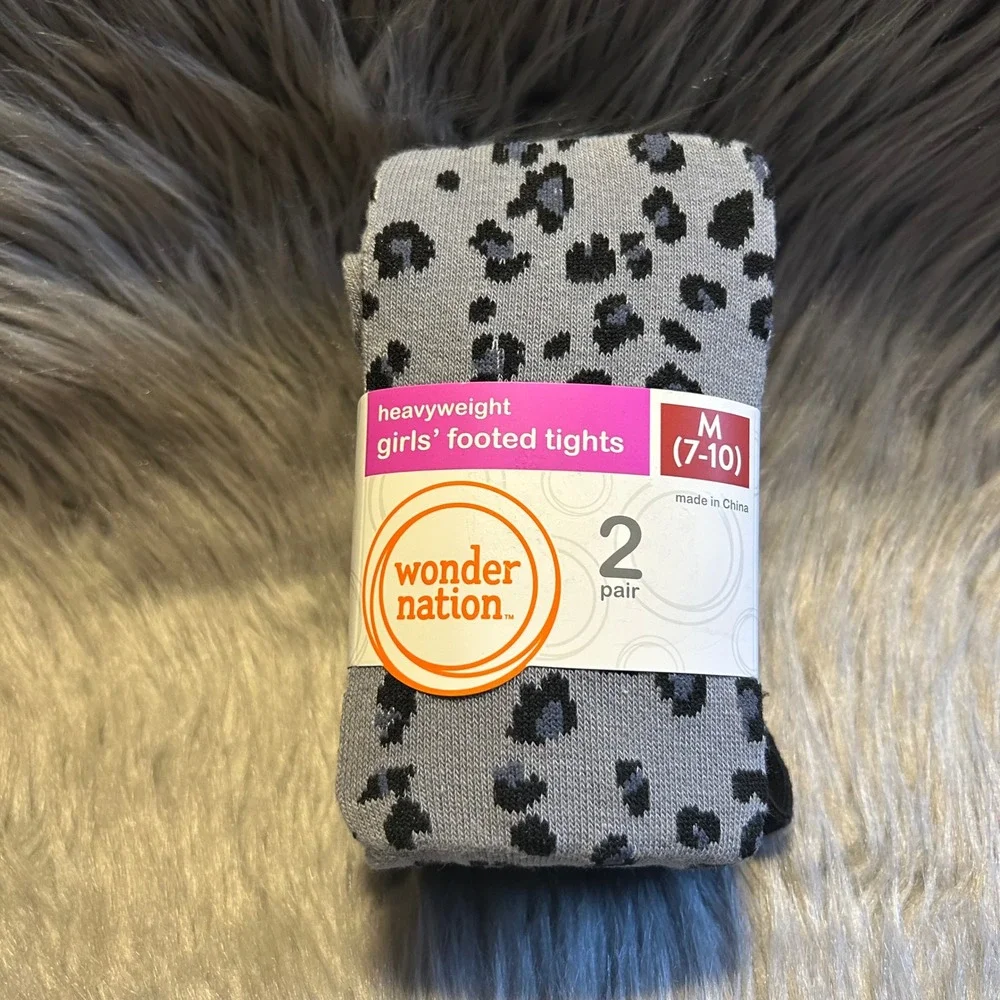 Wonder Nation Heavyweight Footed Tights Girl Size Medium 7-10 Gray Leopard Black